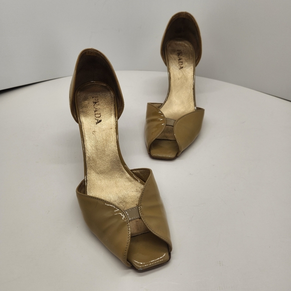 Vintage Prada pumps 7 khaki patent leather peep toe heels luxury Made in Italy - Picture 1 of 16